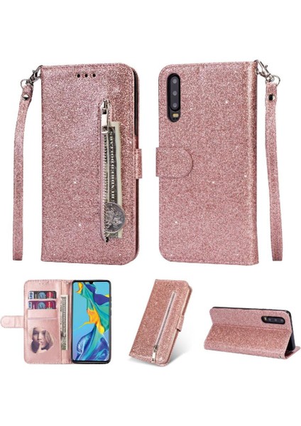 Huawei P30 Pu Deri Glitter Cüzdan Kılıf Kartı Için Fermuarlı Cebi Durumda (Yurt Dışından)