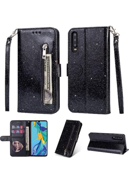 Huawei P30 Pu Deri Glitter Cüzdan Kılıf Kartı Için Fermuarlı Cebi Durumda (Yurt Dışından)