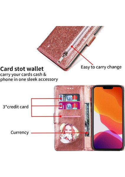 IPhone 13 Için Fermuar Cep Durumda Pro Max Pu Deri Glitter Cüzdan Kılıf (Yurt Dışından)