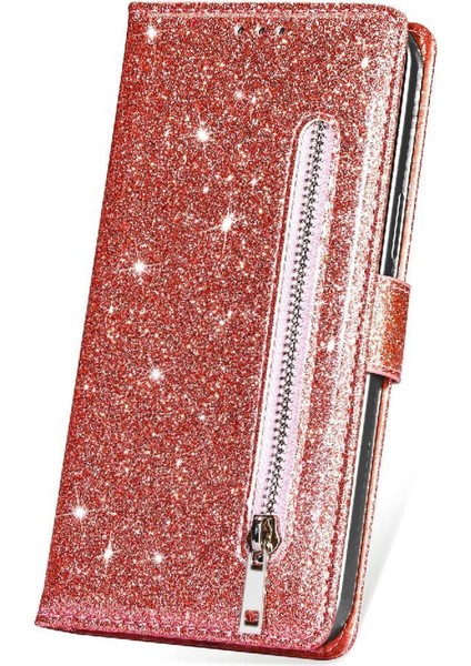 IPhone 13 Için Fermuar Cep Durumda Pro Max Pu Deri Glitter Cüzdan Kılıf (Yurt Dışından)