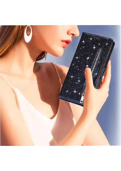 IPhone 13 Pro Için Fermuar Cep Durumda Pu Deri Bilek Kayışı Glitter Cüzdan (Yurt Dışından)
