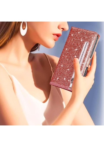 IPhone 13 Mini Manyetik Kapatma Glitter Cüzdan Pu Için Fermuarlı Cebi Durumda (Yurt Dışından)