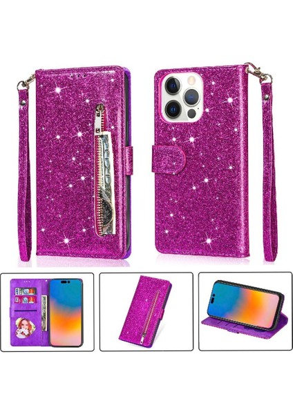 IPhone 14 Için Fermuarlı Cebi Durumda Pro Manyetik Kapatma Pu Deri Glitter (Yurt Dışından)
