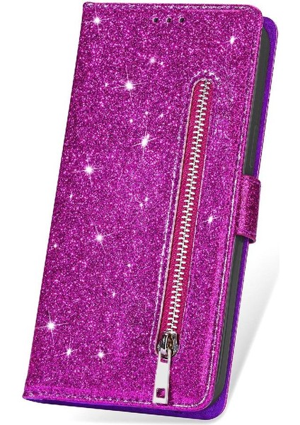 IPhone 14 Için Fermuarlı Cebi Durumda Pro Manyetik Kapatma Pu Deri Glitter (Yurt Dışından)