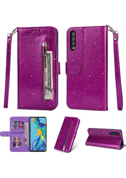 Huawei P30 Pu Deri Glitter Cüzdan Kılıf Kartı Için Fermuarlı Cebi Durumda (Yurt Dışından)