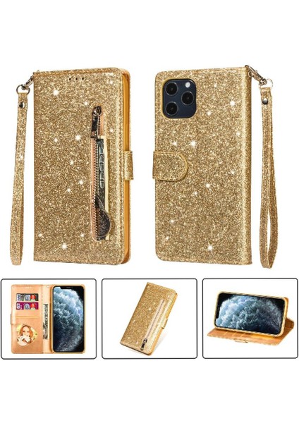 IPhone 11 Pro Için Fermuar Cep Durumda Kart Tutucu Glitter Cüzdan Kılıf Pu (Yurt Dışından)