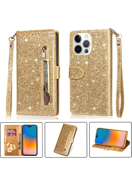 IPhone 14 Için Fermuarlı Cebi Durumda Pro Manyetik Kapatma Pu Deri Glitter (Yurt Dışından)