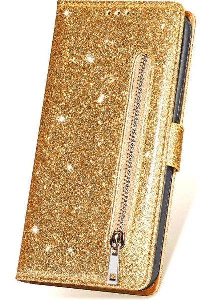 IPhone 14 Için Fermuarlı Cebi Durumda Pro Manyetik Kapatma Pu Deri Glitter (Yurt Dışından)