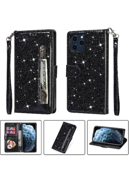 IPhone 11 Pro Için Fermuar Cep Durumda Kart Tutucu Glitter Cüzdan Kılıf Pu (Yurt Dışından)