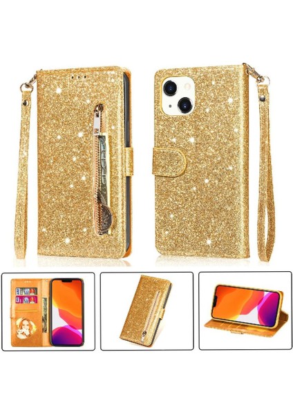 IPhone 13 Mini Manyetik Kapatma Glitter Cüzdan Pu Için Fermuarlı Cebi Durumda (Yurt Dışından)