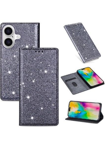 IPhone 16 Için Glitter Flip Case Artı Pu Deri Kart Tutucu Manyetik Kapak (Yurt Dışından)