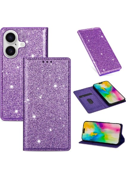 IPhone 16 Için Glitter Flip Case Artı Pu Deri Kart Tutucu Manyetik Kapak (Yurt Dışından)