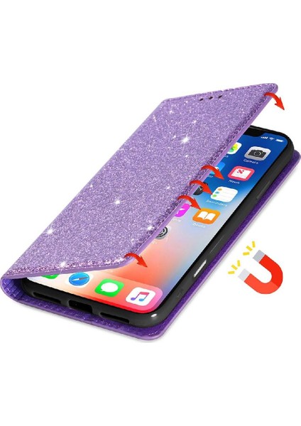 IPhone 16 Için Glitter Flip Case Artı Pu Deri Kart Tutucu Manyetik Kapak (Yurt Dışından)