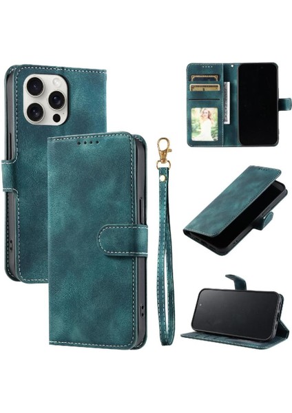 IPhone 16 Için Flip Case Pro Bilek Kayışı Pu Deri Manyetik Cüzdan Kart (Yurt Dışından)