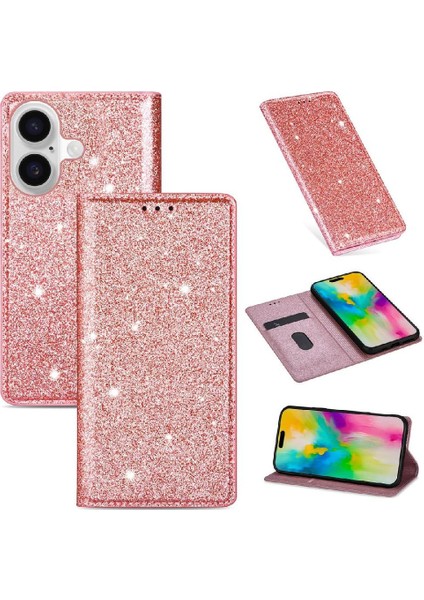 IPhone 16 Için Glitter Flip Case Artı Pu Deri Kart Tutucu Manyetik Kapak (Yurt Dışından)