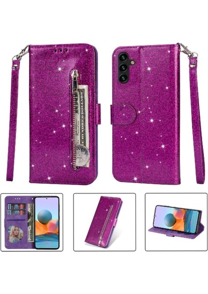 Samsung Galaxy A15 Için Fermuarlı Cebi Durumda Kart Tutucu Glitter Cüzdan Kılıf (Yurt Dışından)