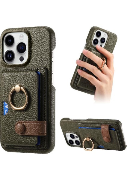 IPhone 16 Için Kılıf Pro Kart Yuvaları Premium Dokulu Deri Halka Standı (Yurt Dışından)
