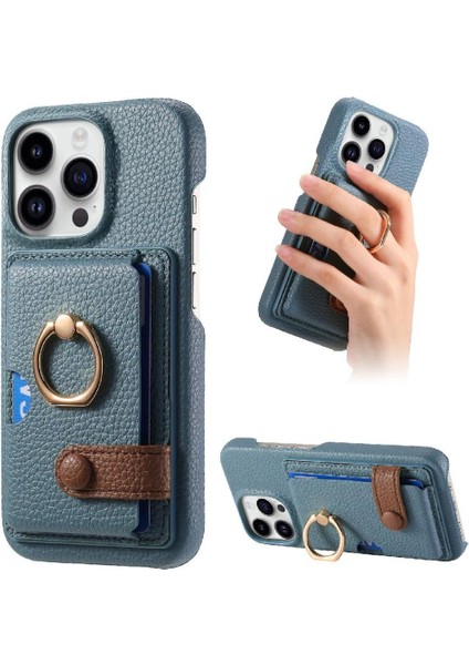 IPhone 16 Için Kılıf Pro Kart Yuvaları Premium Dokulu Deri Halka Standı (Yurt Dışından)