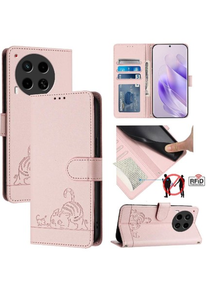 Tecno Camon 30 5g/4g Kedi Rfıd Kart Yuvası Tutucu Kickstand Cüzdan Için Kılıf (Yurt Dışından)