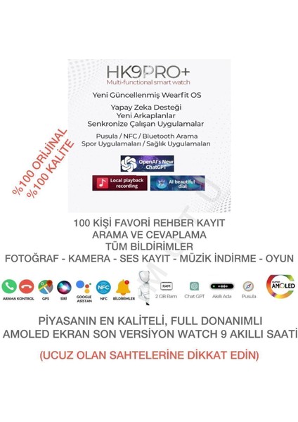 Ithalatçı Garantili Hk9 Pro Plus (4 Kordon Özel Seçmeli) Son Model Amoled Watch9 Iphone Android Erk