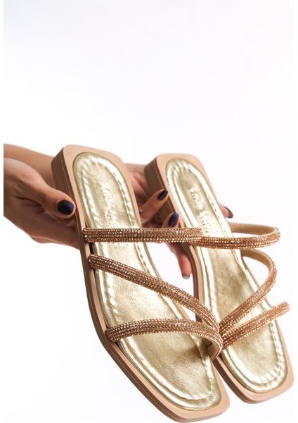 MİA026-1602 Günlük Kadın Taşlı Altın Tatil Terliği