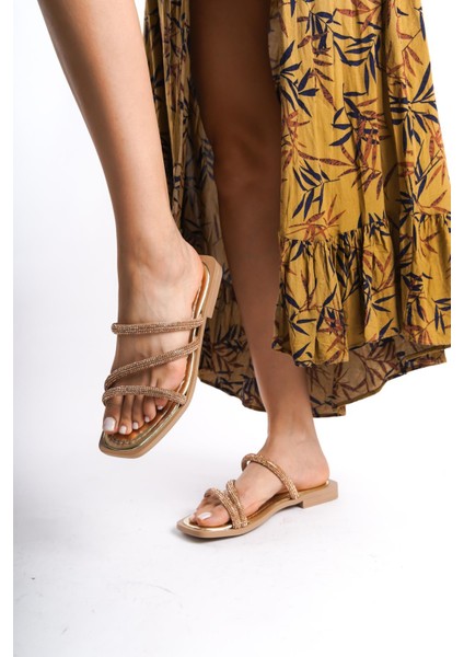 MİA026-1602 Günlük Kadın Taşlı Altın Tatil Terliği modelleri