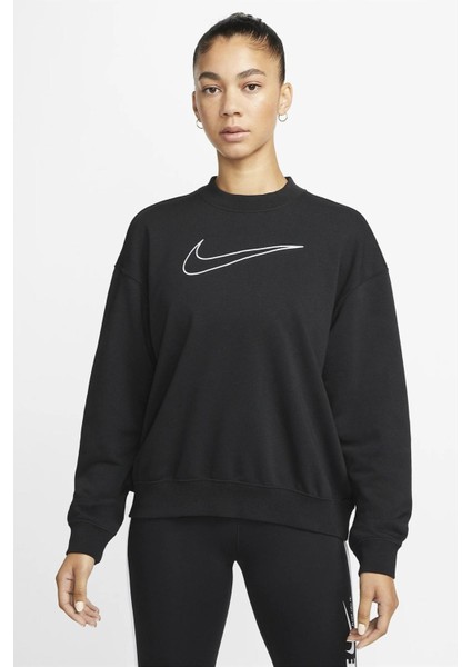 Training Plus Essential Get Fit Dri Fit Graphic Crew Black Oversized Bol Kesim Kadın Sweatshirt Siyah