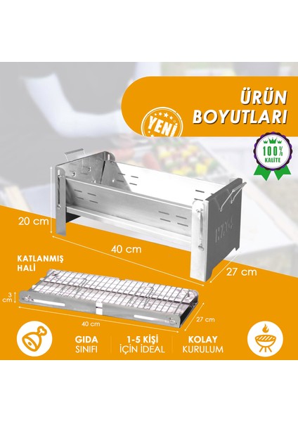 Katlanır Mangal, Paslanmaz Çelik Krom, Barbekü Kömür Mangalı, Izgaralı, Taşınabilir Pratik Mangal