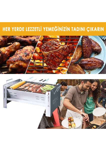 Katlanır Mangal, Paslanmaz Çelik Krom, Barbekü Kömür Mangalı, Izgaralı, Taşınabilir Pratik Mangal