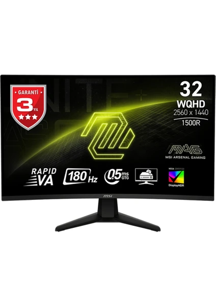 Msı 31.5" Mag 32CQ6F 2560X1440 (Wqhd) 16:9 Curve 1500R Rapıd Va 180HZ 1ms Adaptıve-Sync Gamıng Monıtor