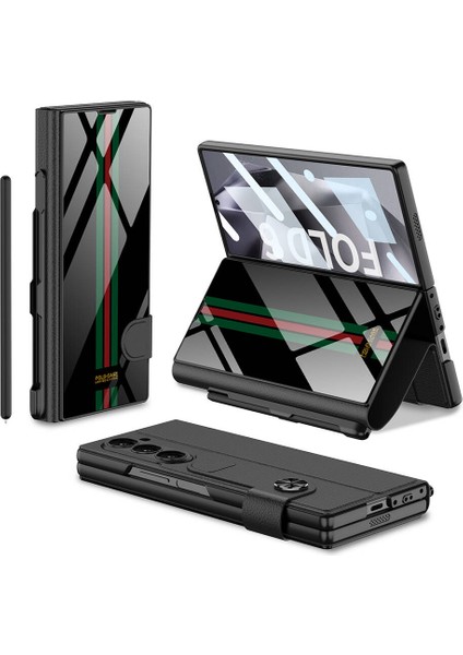 Samsung Galaxy Z Fold 6 Uyumlu Kılıf Kartlıklı Kalem Bölmeli Çizgi Desenli Telefon Kılıfı Kapak