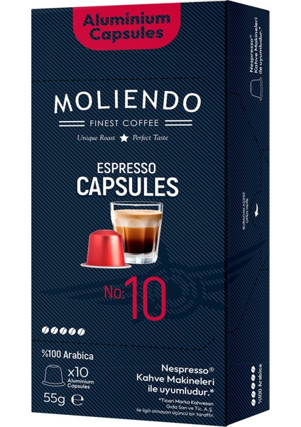 Moliendo Finest Coffee Moliendo Alüminyum Kapsül Kahve No:10 (10 Adet Nespresso Uyumlu Alüminyum Kapsül Kahve)