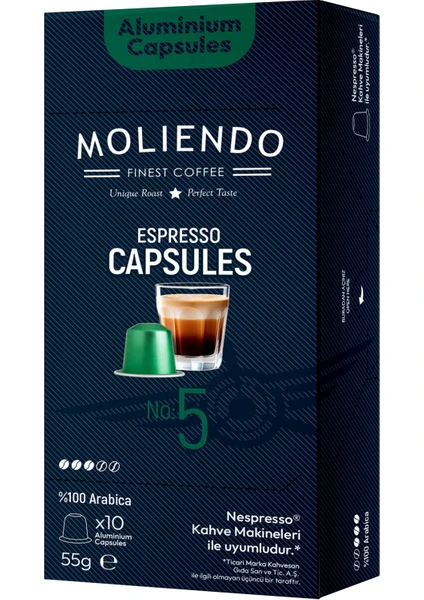 Moliendo Finest Coffee Moliendo Alüminyum Kapsül Kahve No:5 (10 Adet Nespresso Uyumlu Alüminyum Kapsül Kahve)