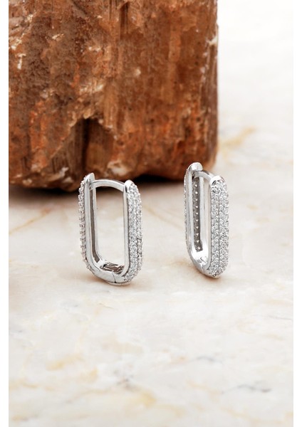 Tamtur Taşlı Rodyumlu Dikdörtgen Gümüş Küpe 7011