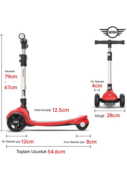 Lisanslı 3 Tekerlekli Katlanabilir Ayarlanabilir Işıklı 50 kg Taşıma Kapasiteli Scooter Kırmızı