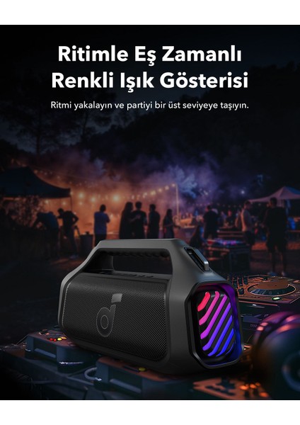 Soundcore Boom 2 Plus Bluetooth Hoparlör - 140W- 2+2 Stereo Kanal - BassUp 2.0 - 30W Hızlı Şarj - 20 Saat Oynatma Süresi - IPX7 Su Geçirmezlik - RGB Işıklar - USB-C - Özel EQ - Siyah - A3134