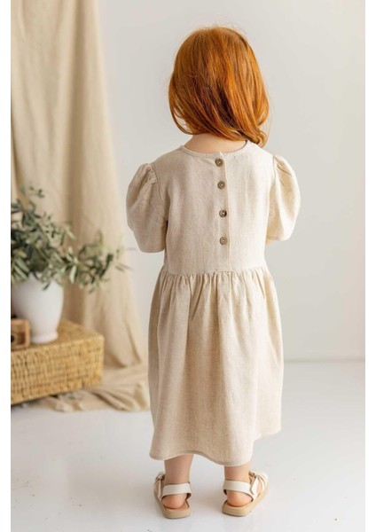 Bej Keten Bisiklet Yaka Büzgü Kol Kalp Taş Işlemeli Sırtı Düğmeli Kız Çocuk Elbise modelleri
