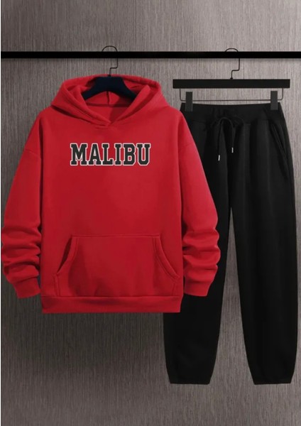 Büyük Beden Özel Tasarım Kapüşonlu Malıbu Baskılı Şardonlu Kışlık Battal Erkek Eşofman Takımı