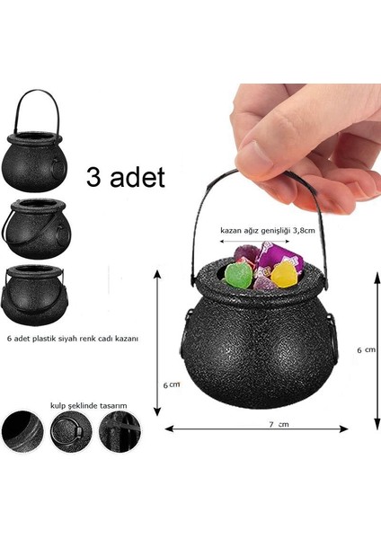Halloween Cadı Kazanı Şeklinde Plastik Şeker Toplama Kovası Mini 3 Adet