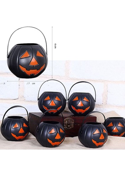Halloween Plastik Siyah Balkabağı Figürlü Şeker Toplama Kovası Mini 6 Adet