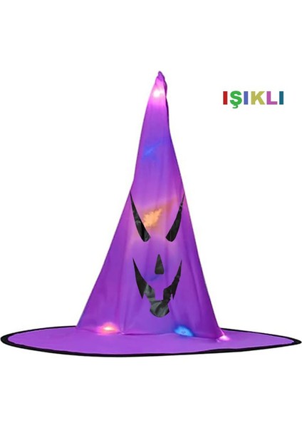 Halloween Temalı Dralon Kumaş Işıklı Mor Renk Cadı Şapkası Yetişkin