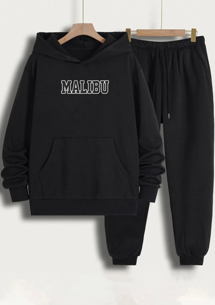 Büyük Beden Özel Tasarım Kapüşonlu Malıbu Baskılı Şardonlu Kışlık Battal Erkek Eşofman Takımı