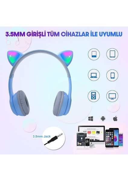 Kablosuz Kulaküstü Rgb Işıklı Kedili Bluetooth 5.0 Çocuk Kulaklığı Kulaklık P47M