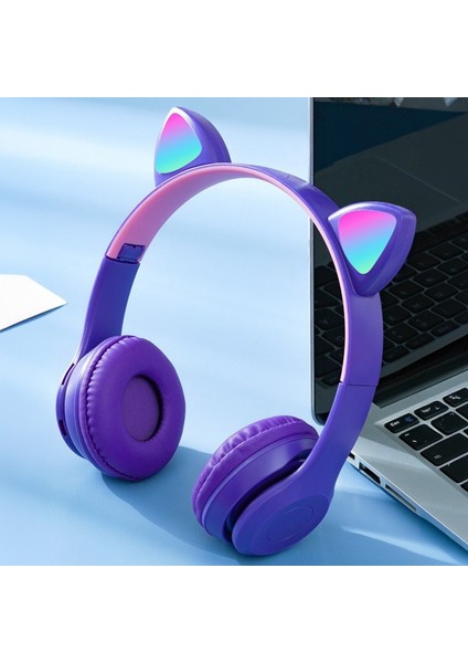 Kablosuz Kulaküstü Rgb Işıklı Kedili Bluetooth 5.0 Çocuk Kulaklığı Kulaklık P47M