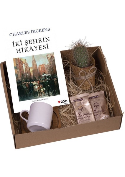 Iki Şehrin Hikayesi Seti / Kişiye Özel Fincan Canlı Çiçek Kitap ve Kahve Hediye Kutusu