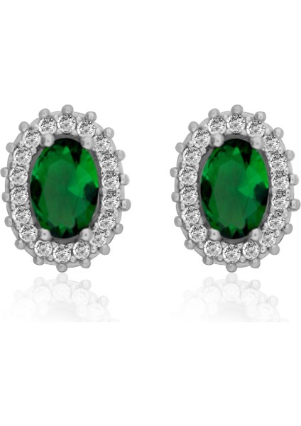 925 Ayar Gümüş Zümrüt Oval Taşlı Anturaj Küpe