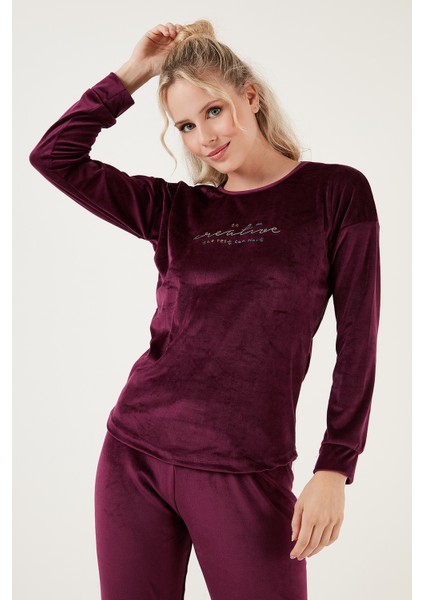 Regular Fit Yumuşak Dokulu Kadife Pijama Takımı Bayan Pijama Takımı 6094200w4