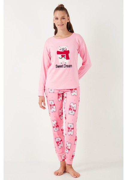 Streç Standart Fit Bisiklet Yaka Desenli Pijama Takımı Bayan Pijama Takımı 6095700
