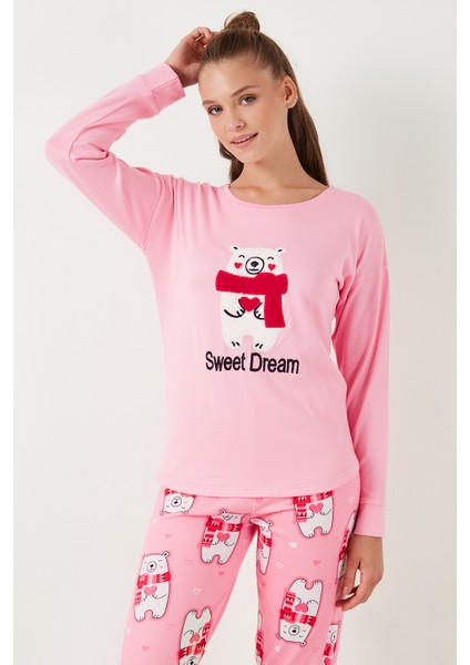 Streç Standart Fit Bisiklet Yaka Desenli Pijama Takımı Bayan Pijama Takımı 6095700