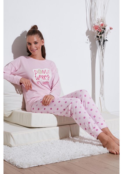 Streç Standart Fit Bisiklet Yaka Desenli Pijama Takımı Bayan Pijama Takımı 6095700